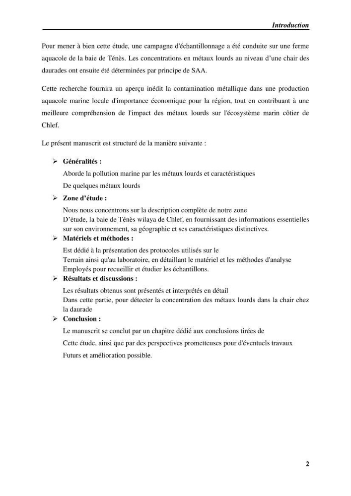 Estimation de la contamination par certains métaux lourds au niveau de la chair d\'un poisson d\'élevage