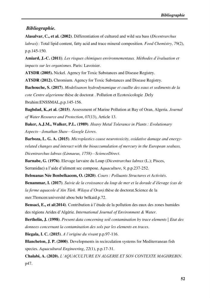 Estimation de la contamination par certains métaux lourds au niveau de la chair d\'un poisson d\'élevage