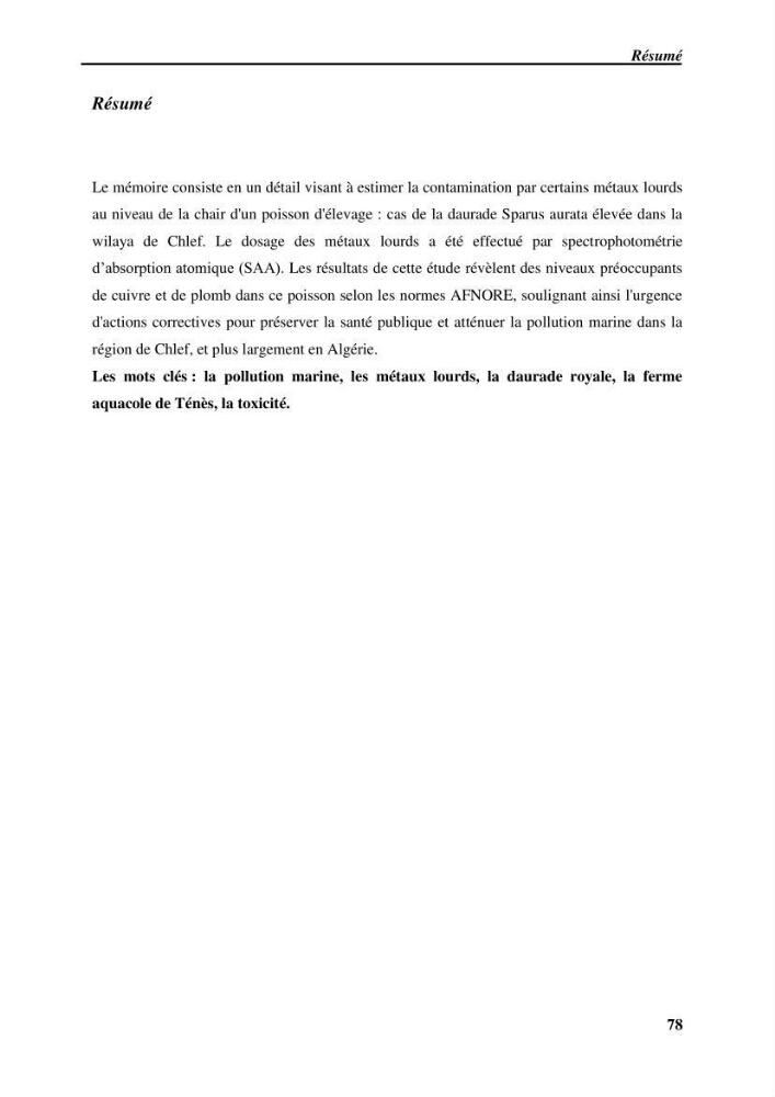 Estimation de la contamination par certains métaux lourds au niveau de la chair d\'un poisson d\'élevage