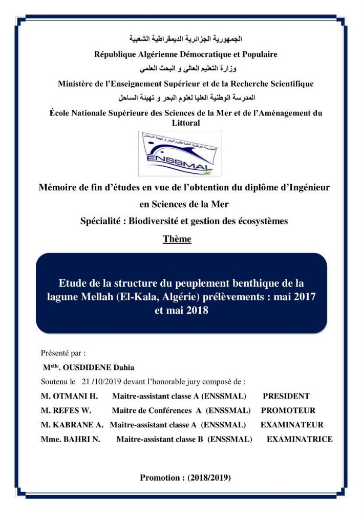 Etude de la structure du peuplement benthique de la lagune Mellah (El-Kala, Algérie) prélèvements: mai 2017 et mai 2018