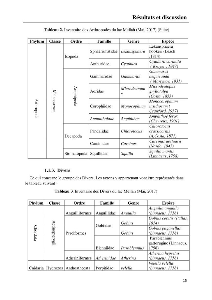 Etude de la structure du peuplement benthique de la lagune Mellah (El-Kala, Algérie) prélèvements: mai 2017 et mai 2018