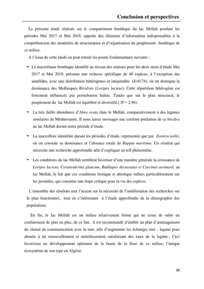 Etude de la structure du peuplement benthique de la lagune Mellah (El-Kala, Algérie) prélèvements: mai 2017 et mai 2018