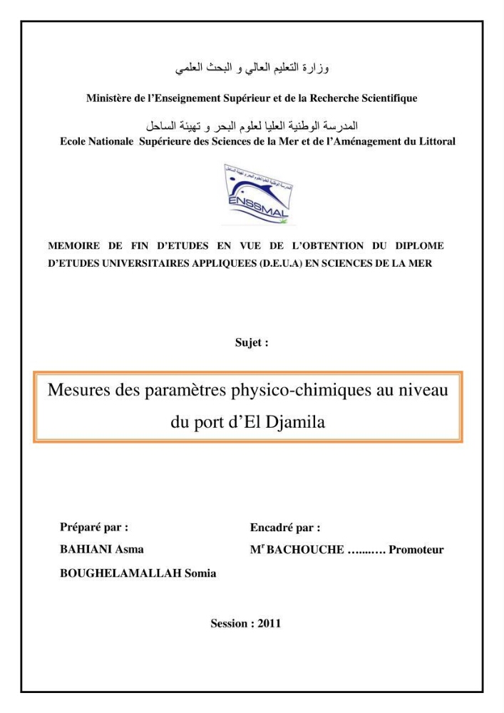 Mesures des paramètres physico-chimiques au niveau du port d\'El Djamila