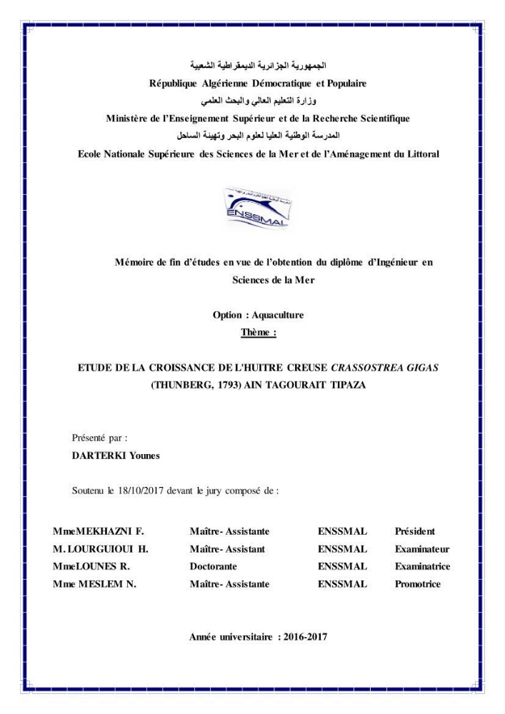Etude de la croissance de l\'Huitre creuse Crassostrea Gigas (Thunberg, 1793) Ain Tagourait Tipaza: