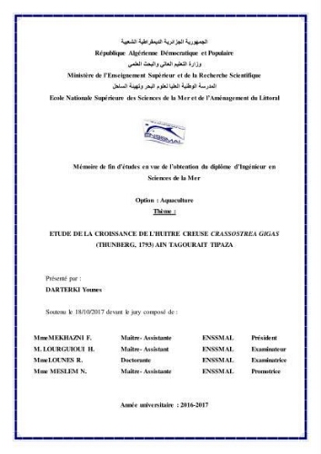 Etude de la croissance de l'Huitre creuse Crassostrea Gigas (Thunberg, 1793) Ain Tagourait Tipaza: Etude de la croissance de l'Huitre creuse Crassostrea Gigas (Thunberg, 1793) Ain Tagourait Tipaza: