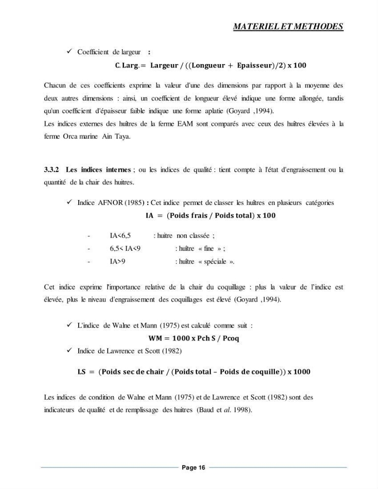 Etude de la croissance de l\'Huitre creuse Crassostrea Gigas (Thunberg, 1793) Ain Tagourait Tipaza:
