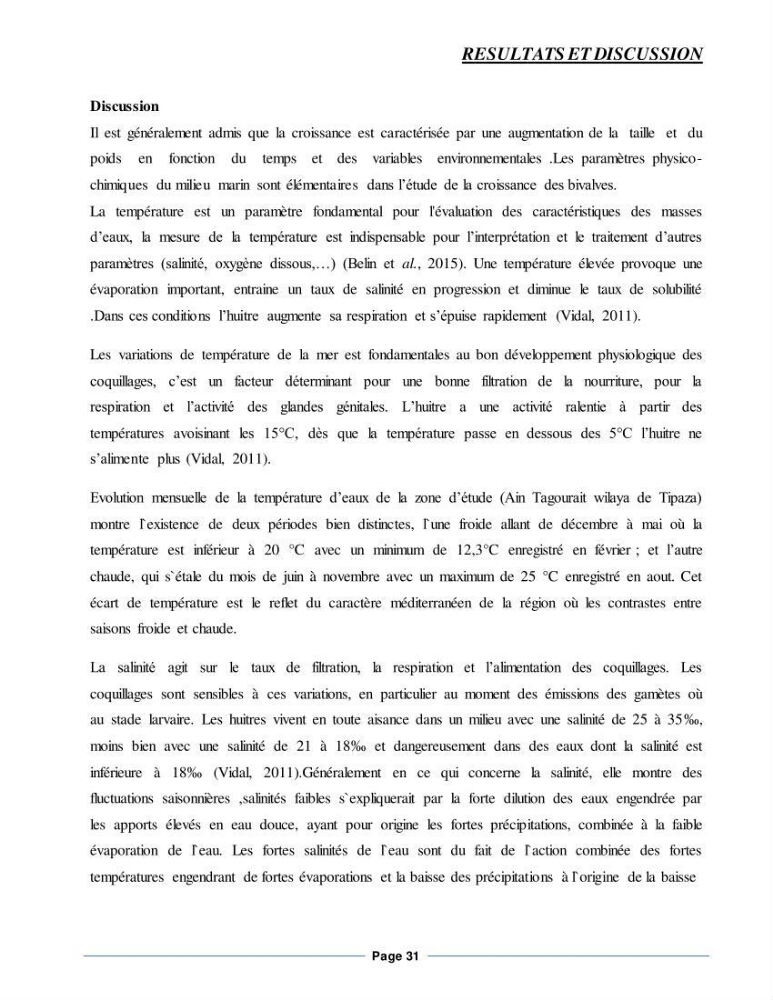Etude de la croissance de l\'Huitre creuse Crassostrea Gigas (Thunberg, 1793) Ain Tagourait Tipaza: