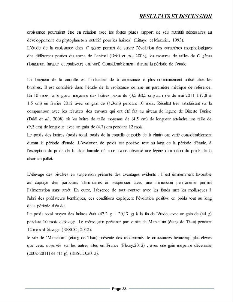 Etude de la croissance de l\'Huitre creuse Crassostrea Gigas (Thunberg, 1793) Ain Tagourait Tipaza: