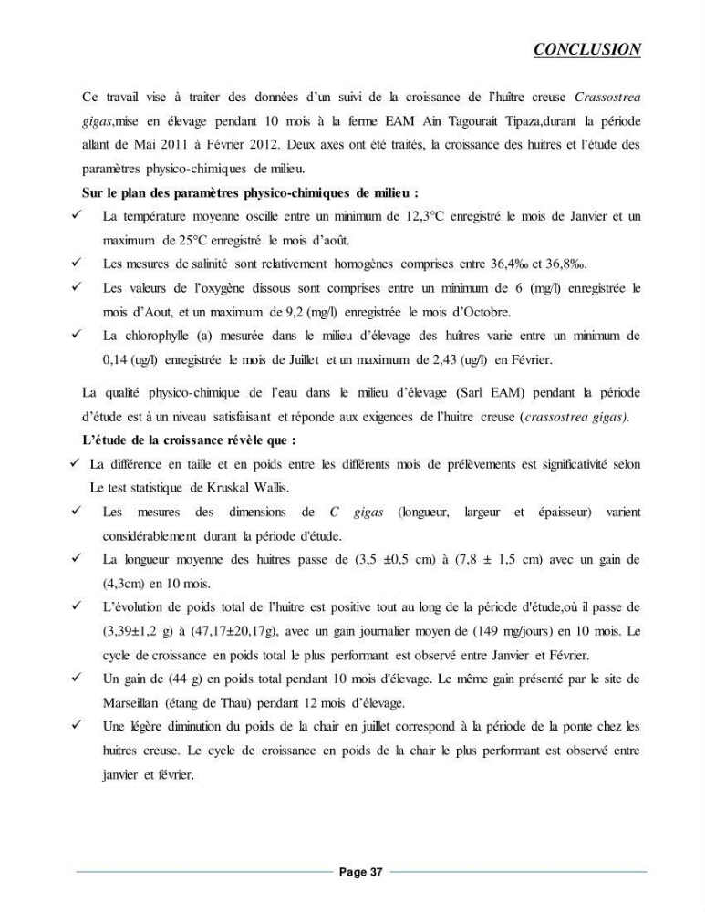 Etude de la croissance de l\'Huitre creuse Crassostrea Gigas (Thunberg, 1793) Ain Tagourait Tipaza:
