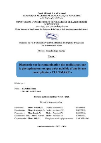 Diagnostic sur la contamination des mollusques par le phytoplancton toxique ou/et nuisible d’une ferme conchylicole « CULTMARE » Diagnostic sur la contamination des mollusques par le phytoplancton toxique ou/et nuisible d’une ferme conchylicole « CULTMARE »