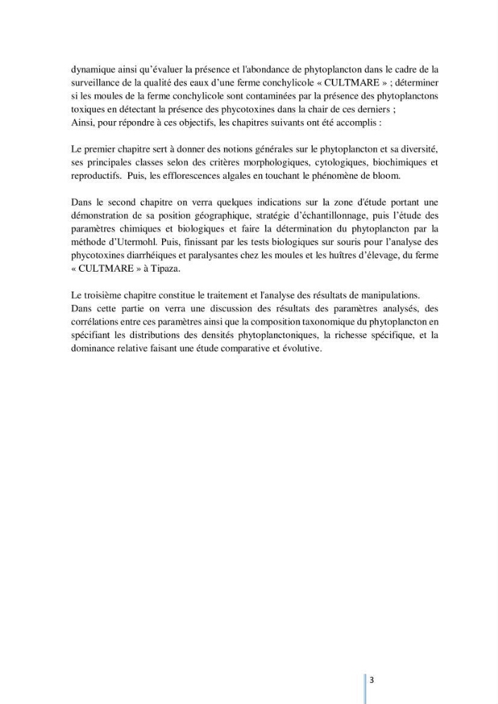 Diagnostic sur la contamination des mollusques par le phytoplancton toxique ou/et nuisible d’une ferme conchylicole « CULTMARE »