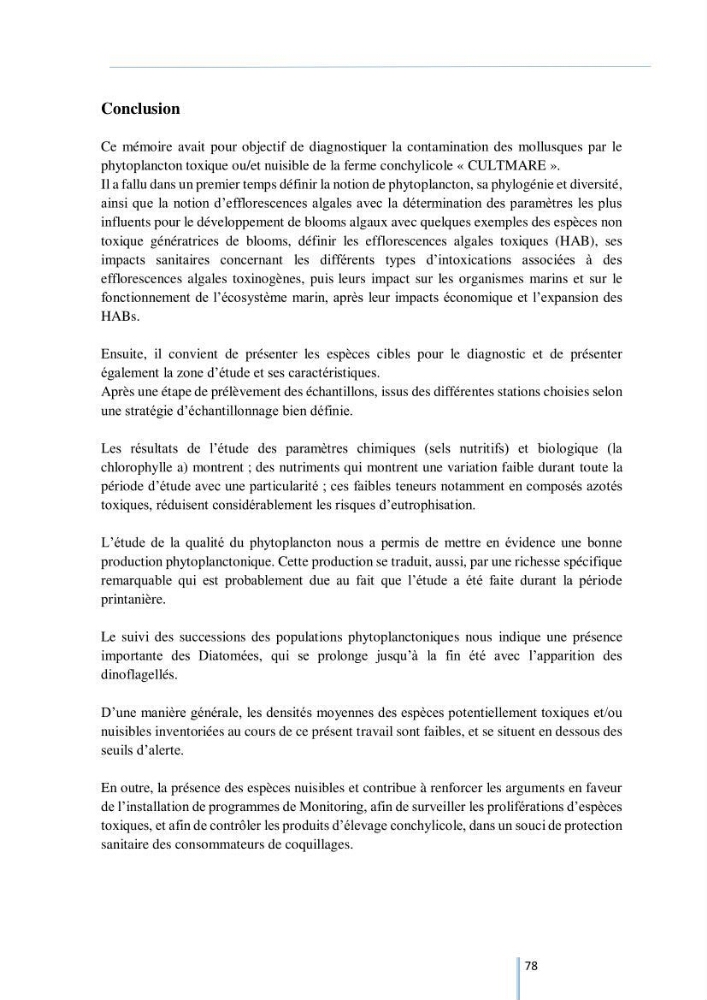 Diagnostic sur la contamination des mollusques par le phytoplancton toxique ou/et nuisible d’une ferme conchylicole « CULTMARE »