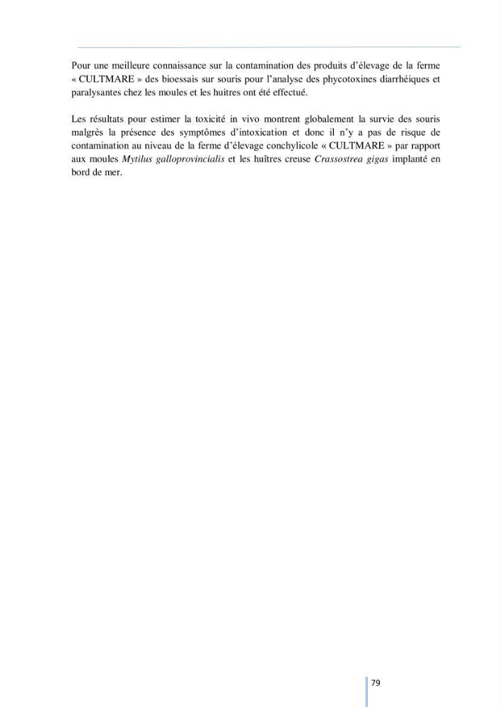 Diagnostic sur la contamination des mollusques par le phytoplancton toxique ou/et nuisible d’une ferme conchylicole « CULTMARE »