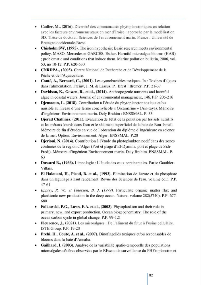 Diagnostic sur la contamination des mollusques par le phytoplancton toxique ou/et nuisible d’une ferme conchylicole « CULTMARE »