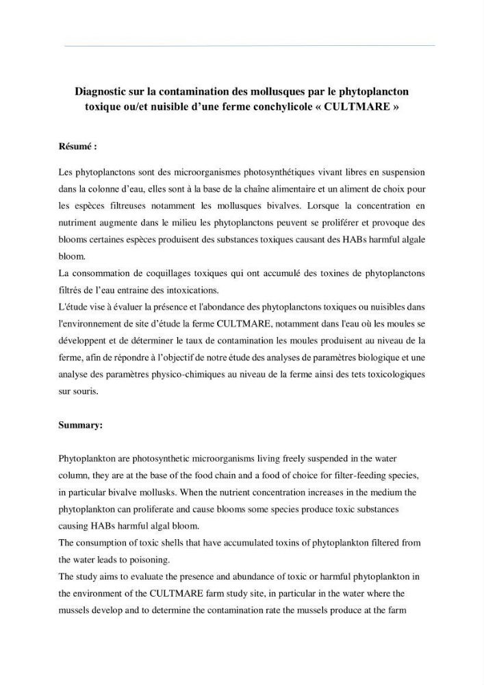Diagnostic sur la contamination des mollusques par le phytoplancton toxique ou/et nuisible d’une ferme conchylicole « CULTMARE »