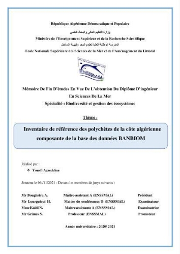 Inventaire de référence des polychètes de la côte algérienne composante de la base des données BANBIOM Inventaire de référence des polychètes de la côte algérienne composante de la base des données BANBIOM