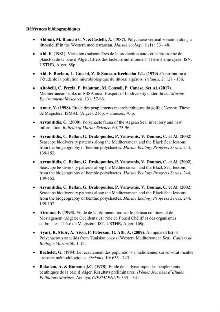 Inventaire de référence des polychètes de la côte algérienne composante de la base des données BANBIOM