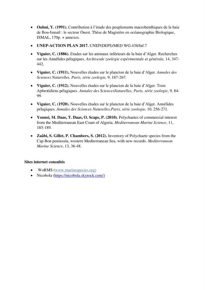 Inventaire de référence des polychètes de la côte algérienne composante de la base des données BANBIOM