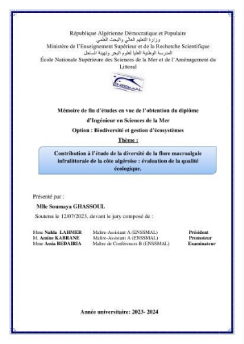 Contribution à l’étude de la diversité de la flore macroalgale infralittorale de la côte algéroise évaluation de la qualité écologique Contribution à l’étude de la diversité de la flore macroalgale infralittorale de la côte algéroise évaluation de la qualité écologique