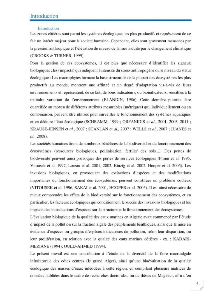 Contribution à l’étude de la diversité de la flore macroalgale infralittorale de la côte algéroise évaluation de la qualité écologique