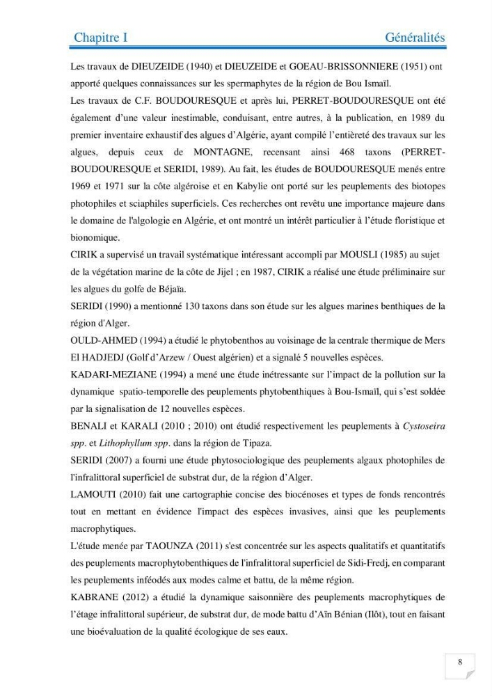 Contribution à l’étude de la diversité de la flore macroalgale infralittorale de la côte algéroise évaluation de la qualité écologique