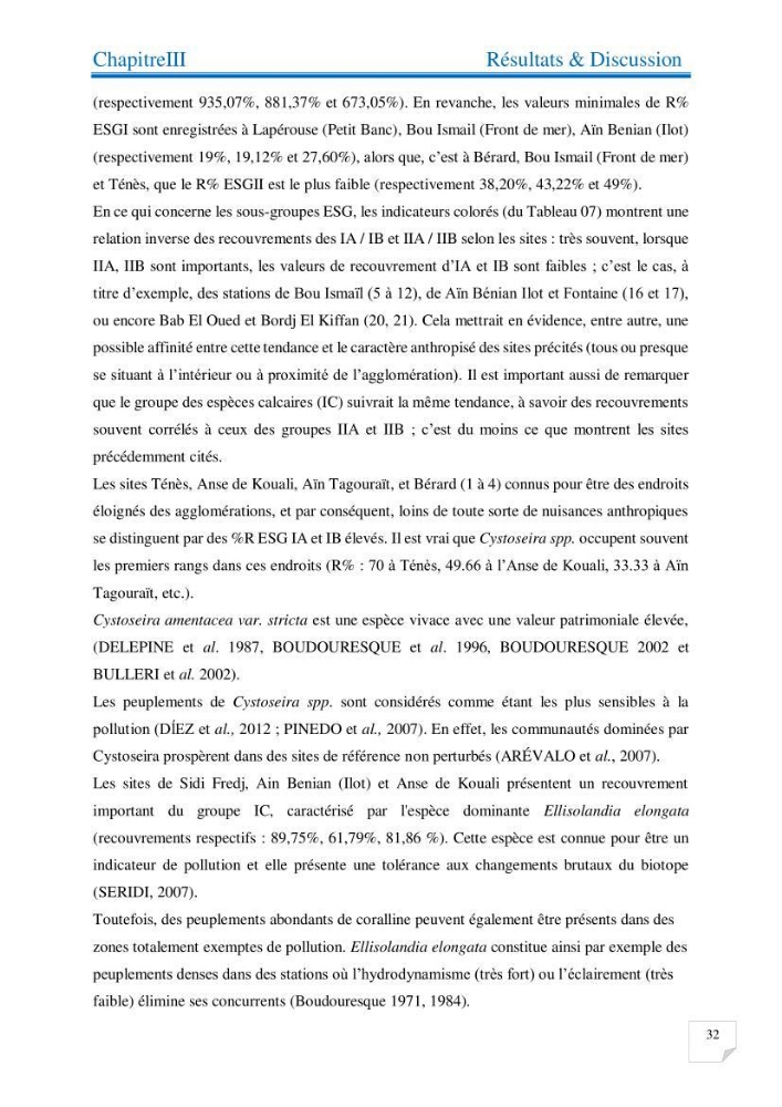 Contribution à l’étude de la diversité de la flore macroalgale infralittorale de la côte algéroise évaluation de la qualité écologique