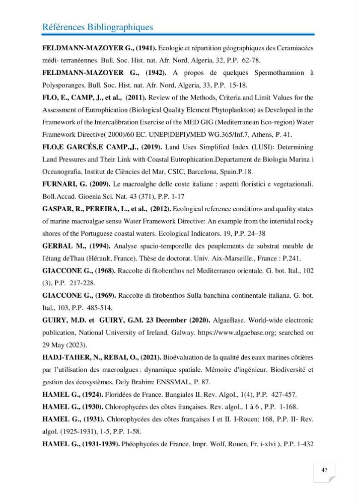 Contribution à l’étude de la diversité de la flore macroalgale infralittorale de la côte algéroise évaluation de la qualité écologique