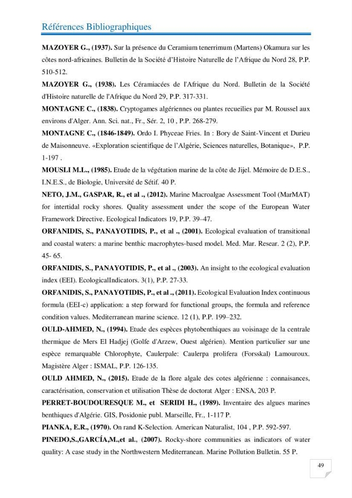 Contribution à l’étude de la diversité de la flore macroalgale infralittorale de la côte algéroise évaluation de la qualité écologique
