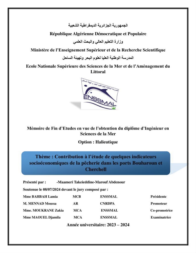 Contribution à l’étude de quelques indicateurs socioéconomiques de la pêcherie dans les ports Bouharoun et Cherchell
