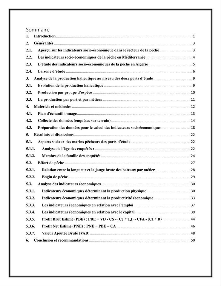 Contribution à l’étude de quelques indicateurs socioéconomiques de la pêcherie dans les ports Bouharoun et Cherchell