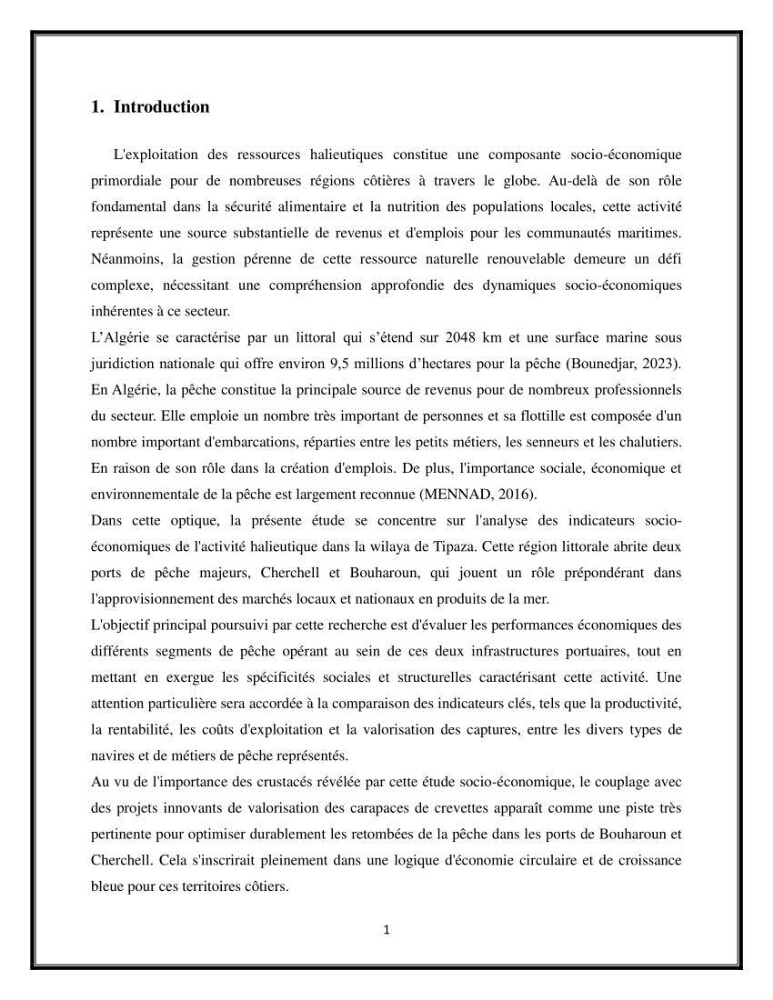 Contribution à l’étude de quelques indicateurs socioéconomiques de la pêcherie dans les ports Bouharoun et Cherchell