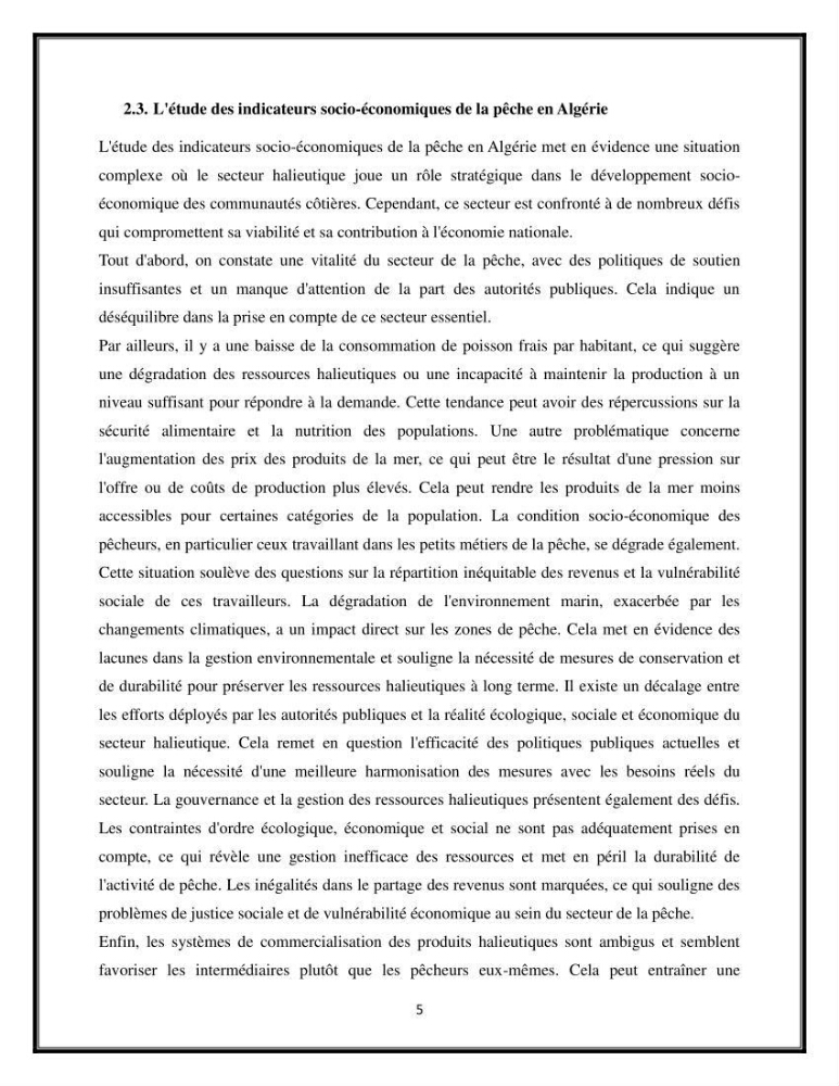 Contribution à l’étude de quelques indicateurs socioéconomiques de la pêcherie dans les ports Bouharoun et Cherchell