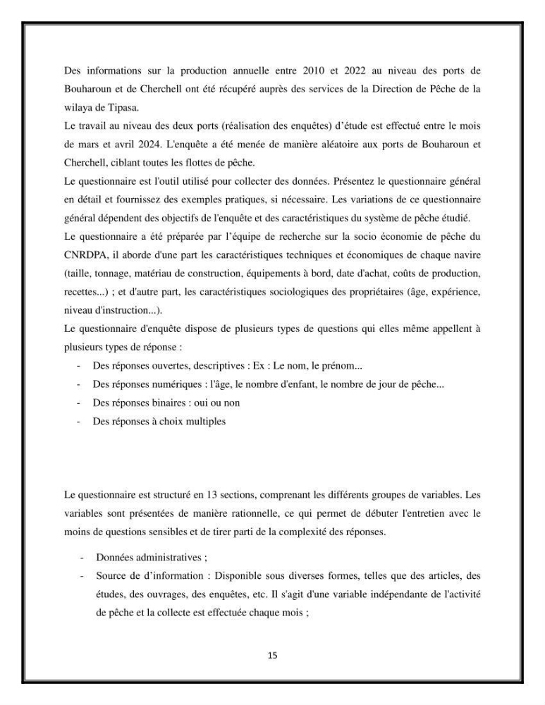 Contribution à l’étude de quelques indicateurs socioéconomiques de la pêcherie dans les ports Bouharoun et Cherchell