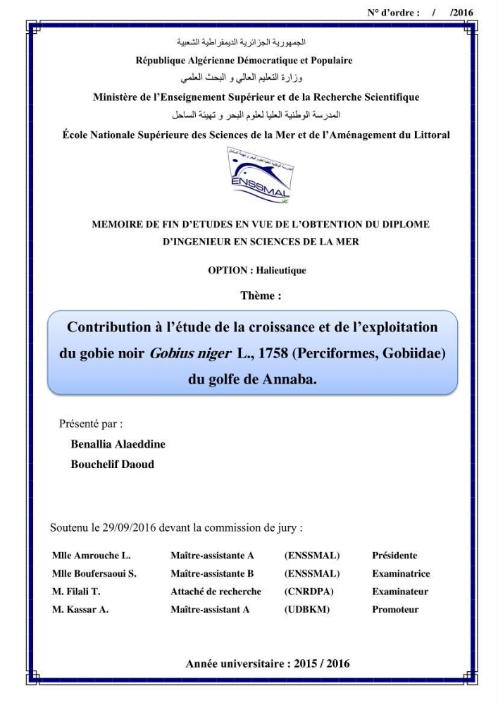 Contribution à l\'étude de la croissance et de l\'exploitation du Gobie noir Gobius niger L., 1758 ( Perciformes, Gobidae) du golg de Annaba: