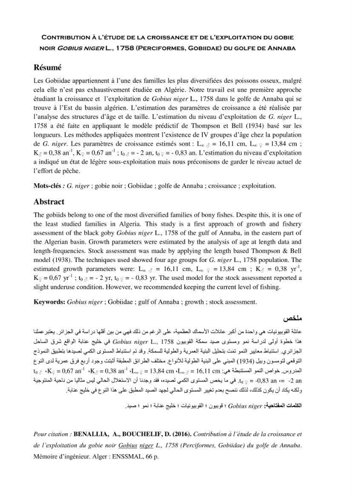 Contribution à l\'étude de la croissance et de l\'exploitation du Gobie noir Gobius niger L., 1758 ( Perciformes, Gobidae) du golg de Annaba: