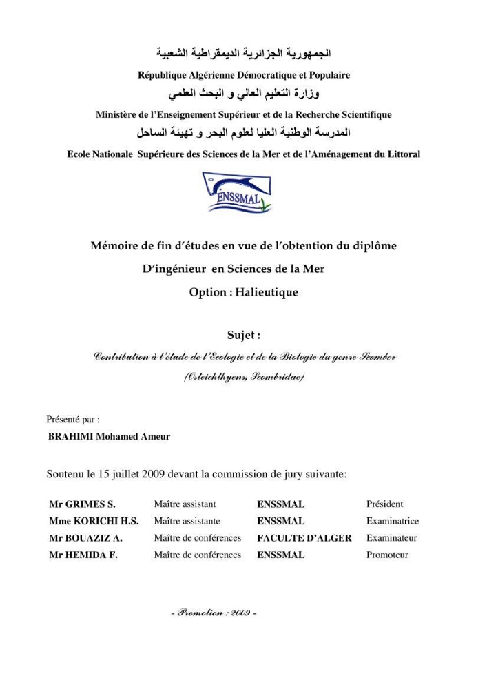 Contribution à l\'étude de l\'écologie et de la biologie du genre scomber: