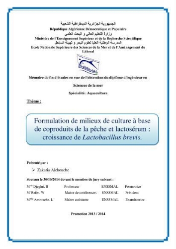 Formulation de milieux de culture à base de coproduits de la pêche et lactosérom: croissance de lactobacillus brevis. Formulation de milieux de culture à base de coproduits de la pêche et lactosérom: croissance de lactobacillus brevis.