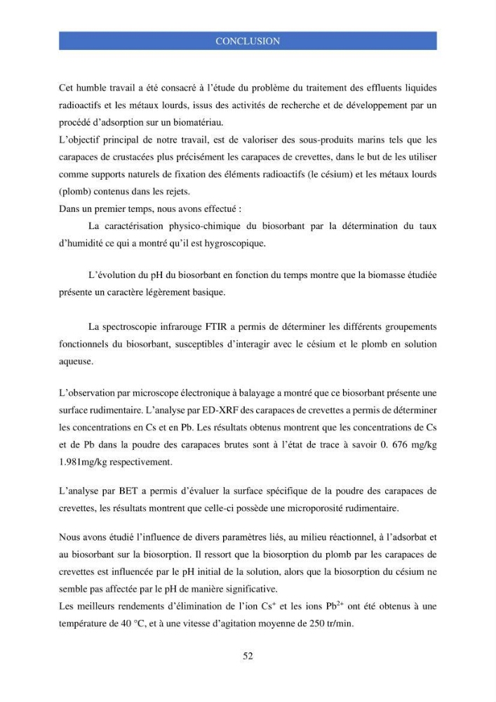 Elimination d’élément radioactif Cs* et d’élément trace métallique Pb en solution aqueuse par adsorption sur les carapaces de crevettes: