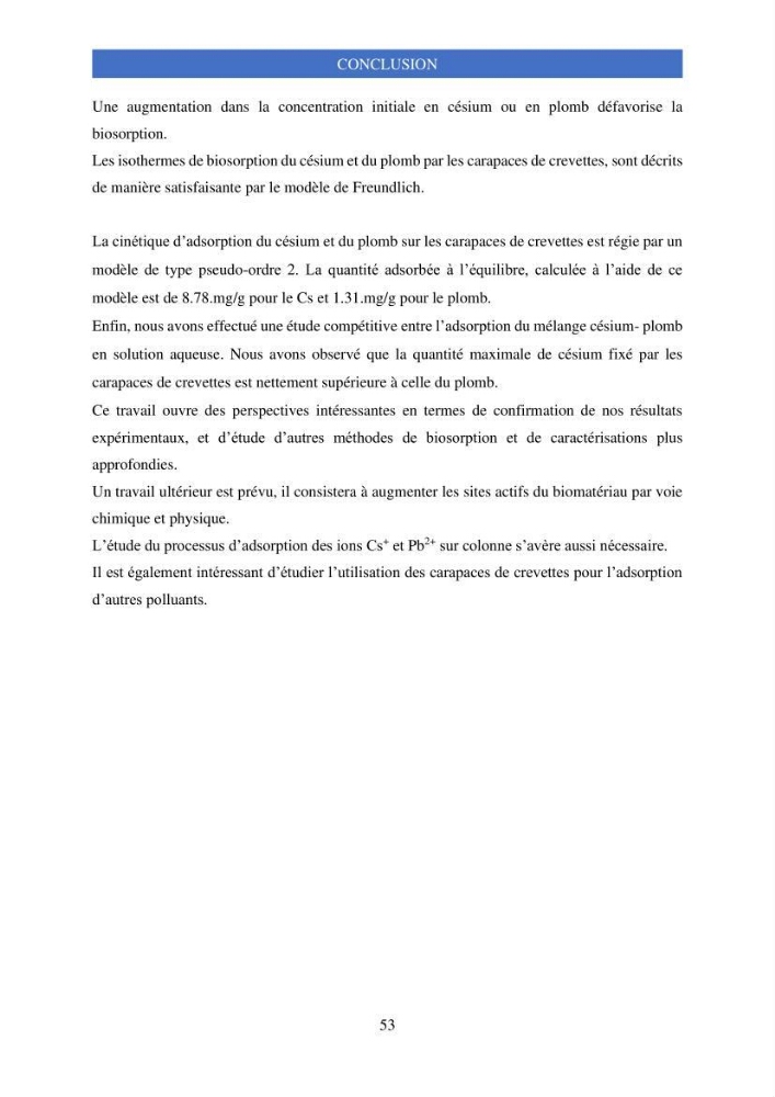Elimination d’élément radioactif Cs* et d’élément trace métallique Pb en solution aqueuse par adsorption sur les carapaces de crevettes: