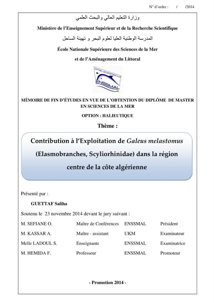 Contribution à l\'exploitation de galeus melastomus ( Elasmobranches, Scyliorhinidae) dans la région centre de la côte Algérienne: