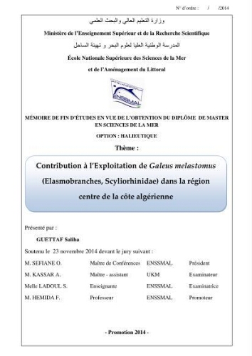 Contribution à l'exploitation de galeus melastomus ( Elasmobranches, Scyliorhinidae) dans la région centre de la côte Algérienne: Contribution à l'exploitation de galeus melastomus ( Elasmobranches, Scyliorhinidae) dans la région centre de la côte Algérienne: