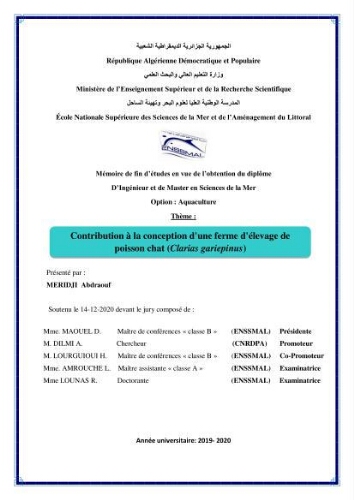 Contribution à la conception d'une ferme d'élevage de poisson chat (Clarias gariepinus): Contribution à la conception d'une ferme d'élevage de poisson chat (Clarias gariepinus):