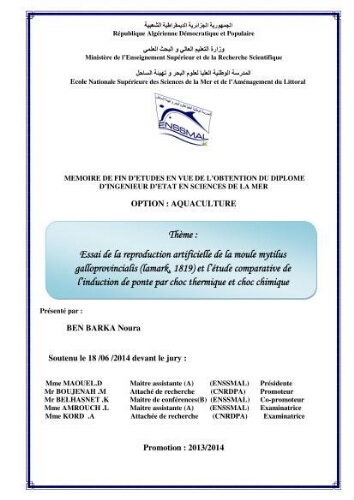 Essai de la reproduction artificielle de la moule mytilus galloprovincialis (lamark,1819)et l'étude comparative de l'induction de ponte par choc thermique et choc chimique: Essai de la reproduction artificielle de la moule mytilus galloprovincialis (lamark,1819)et l'étude comparative de l'induction de ponte par choc thermique et choc chimique: