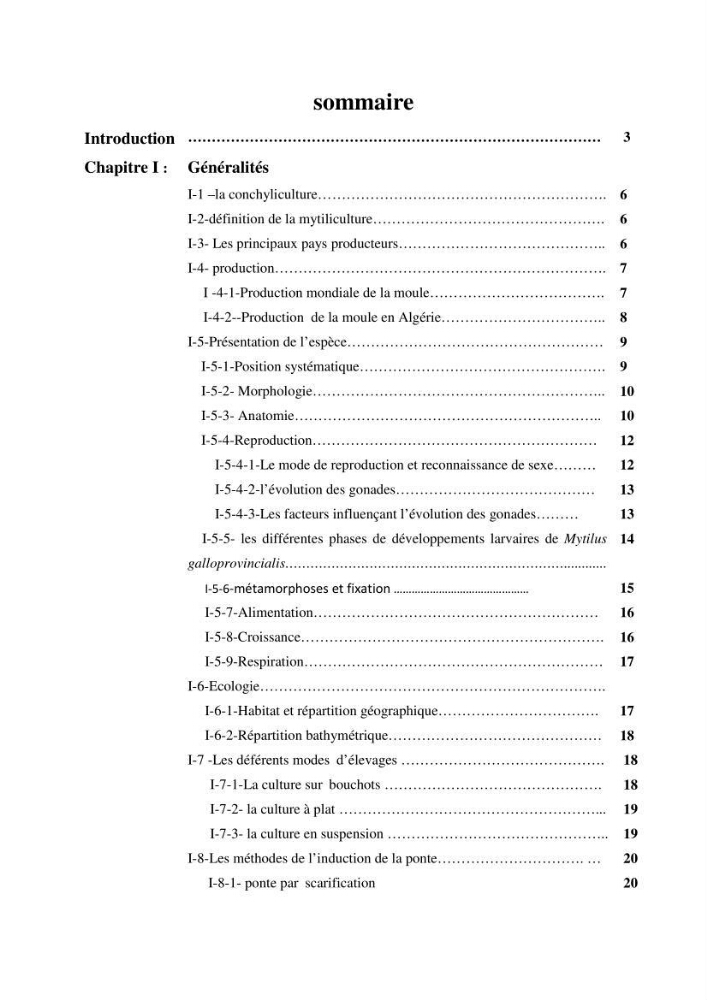 Essai de la reproduction artificielle de la moule mytilus galloprovincialis (lamark,1819)et l\'étude comparative de l\'induction de ponte par choc thermique et choc chimique: