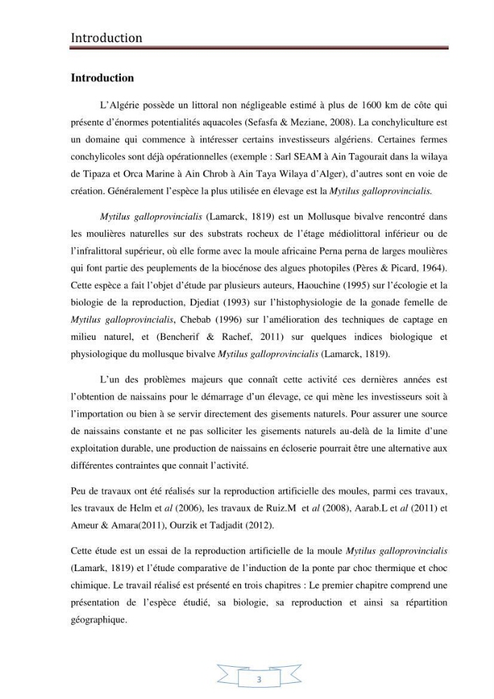 Essai de la reproduction artificielle de la moule mytilus galloprovincialis (lamark,1819)et l\'étude comparative de l\'induction de ponte par choc thermique et choc chimique: