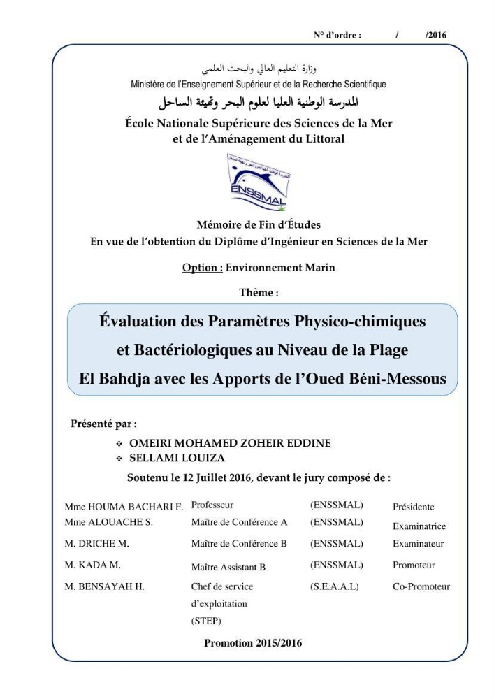 Evaluation des paramètres physico-chimiques et bactériologiques au niveau de la plage El Bahdja avec les apports de l\'Oued Béni-Messous