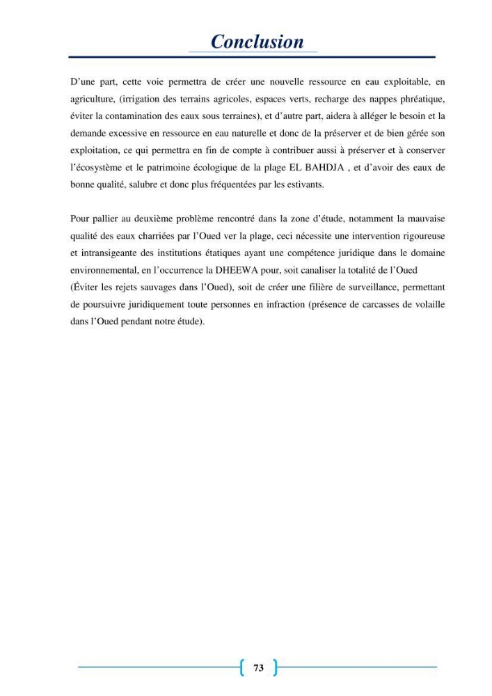 Evaluation des paramètres physico-chimiques et bactériologiques au niveau de la plage El Bahdja avec les apports de l\'Oued Béni-Messous