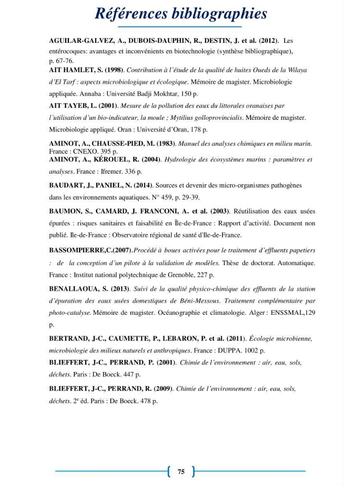 Evaluation des paramètres physico-chimiques et bactériologiques au niveau de la plage El Bahdja avec les apports de l\'Oued Béni-Messous