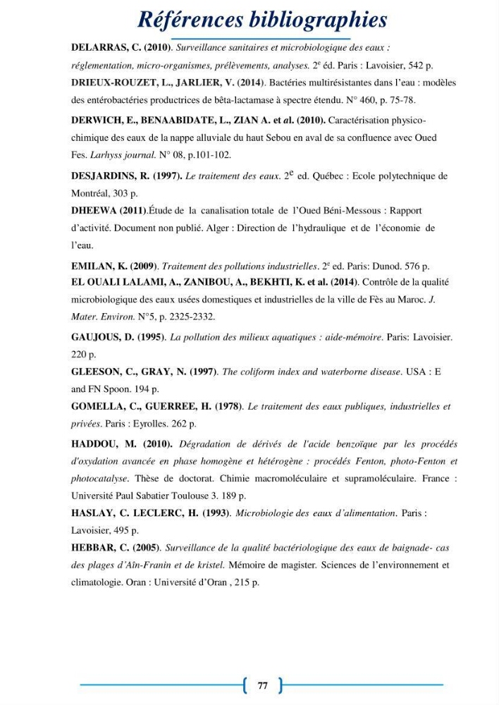 Evaluation des paramètres physico-chimiques et bactériologiques au niveau de la plage El Bahdja avec les apports de l\'Oued Béni-Messous