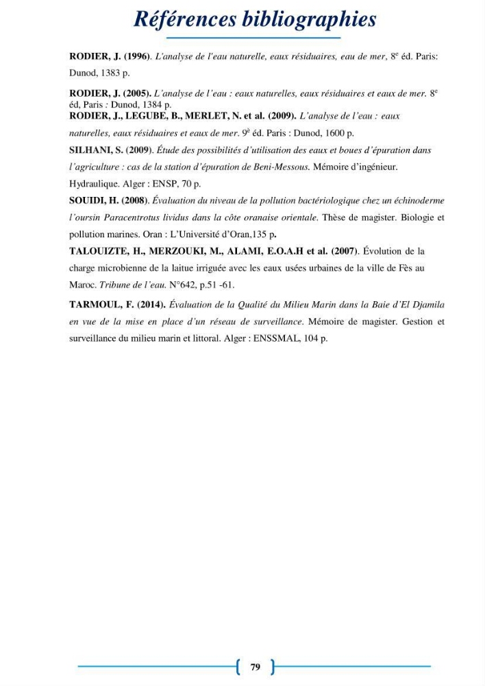 Evaluation des paramètres physico-chimiques et bactériologiques au niveau de la plage El Bahdja avec les apports de l\'Oued Béni-Messous
